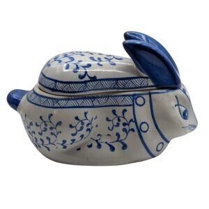 Vintage Blue White Lidded Bunny Trinket Box